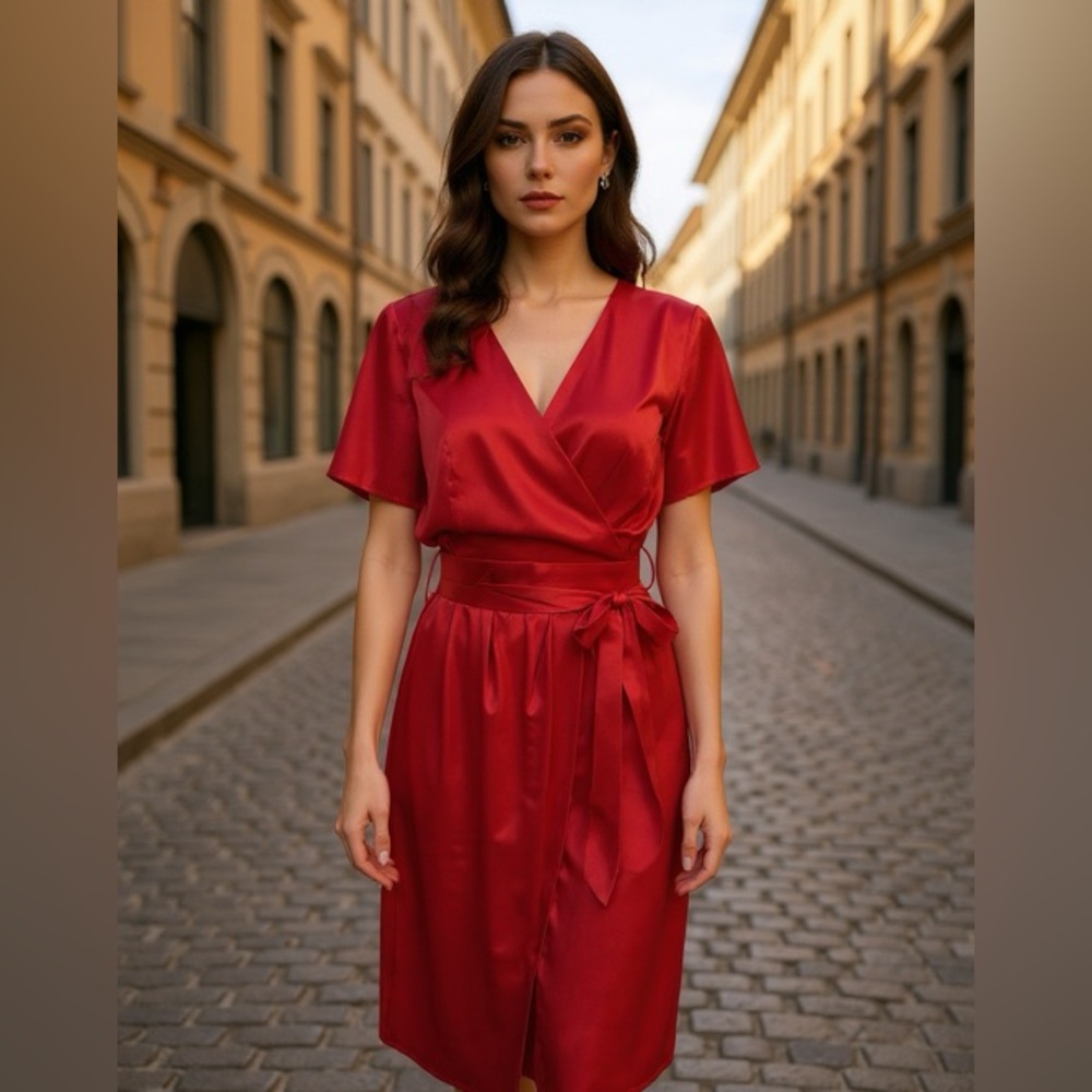 Zesica Red Satin faux wrap Dress LARGE short sleeve stretch V Neck belt zipper